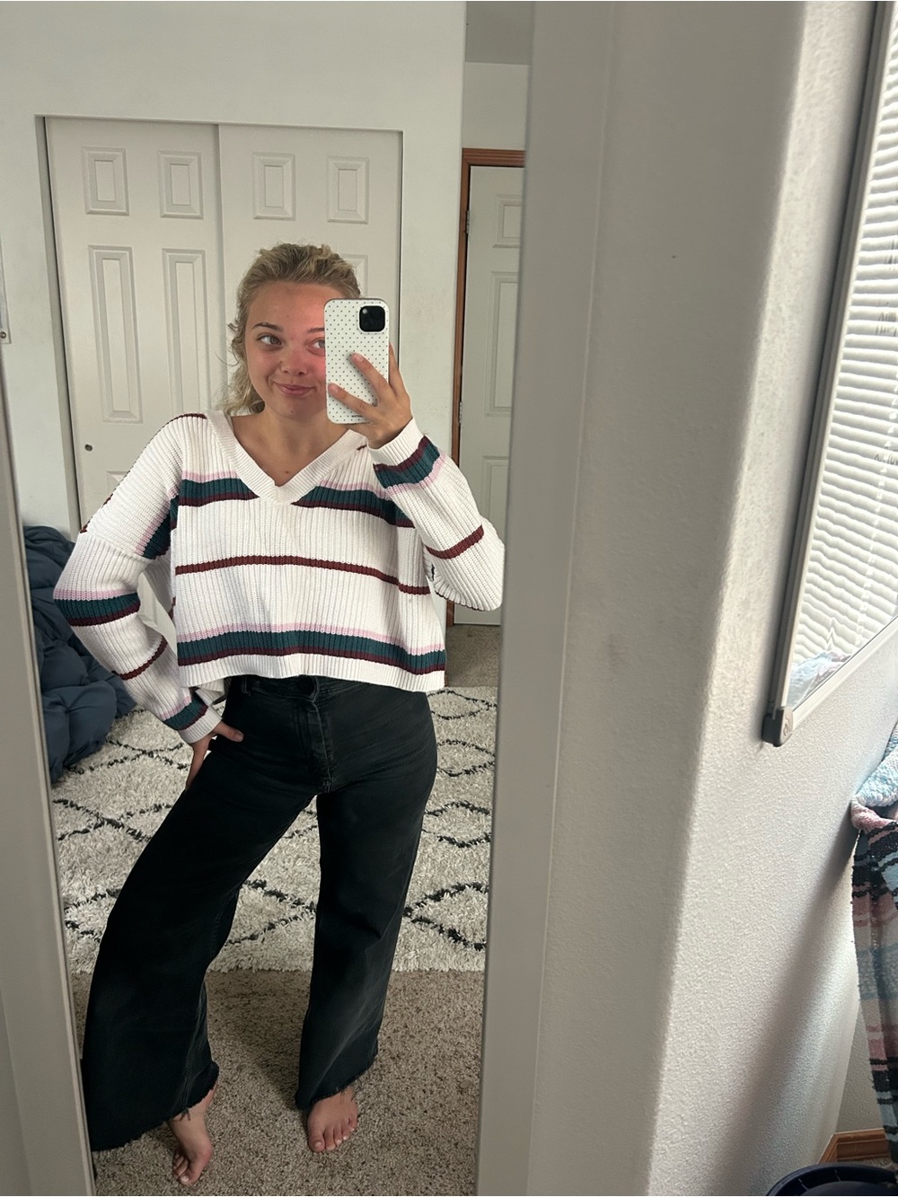 La Hearts White V-Neck Cropped Sweater with Rust and Teal Stripes